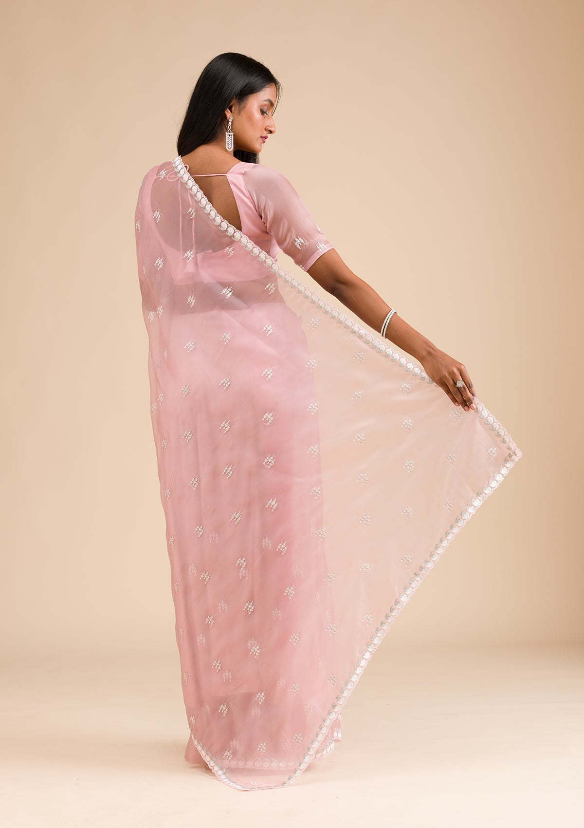 Onion Pink Zariwork Tissue Saree-Koskii