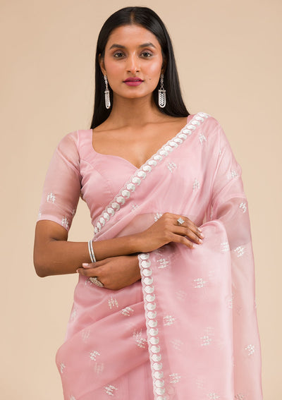 Onion Pink Zariwork Tissue Saree-Koskii