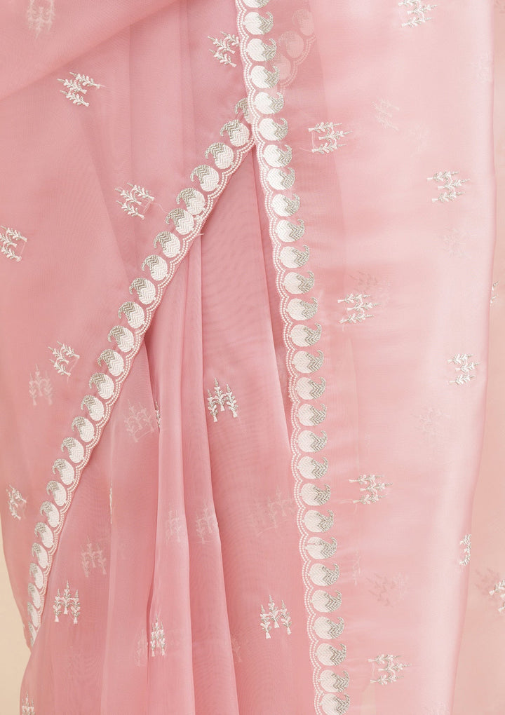 Onion Pink Zariwork Tissue Saree-Koskii