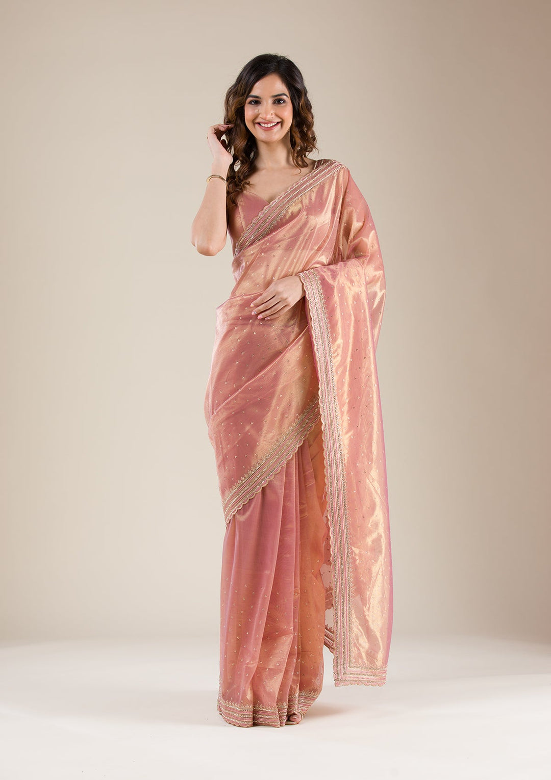 Onion Pink Zariwork Tissue Saree-Koskii