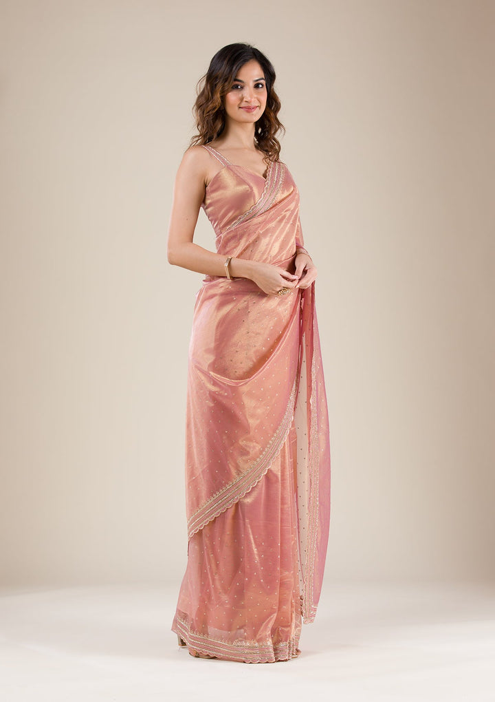 Onion Pink Zariwork Tissue Saree-Koskii