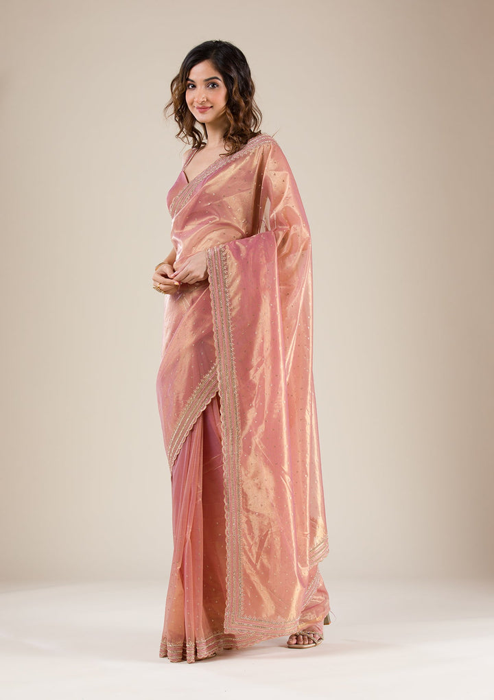 Onion Pink Zariwork Tissue Saree-Koskii