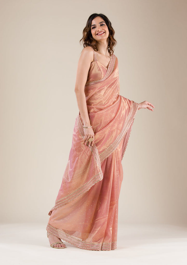Onion Pink Zariwork Tissue Saree-Koskii