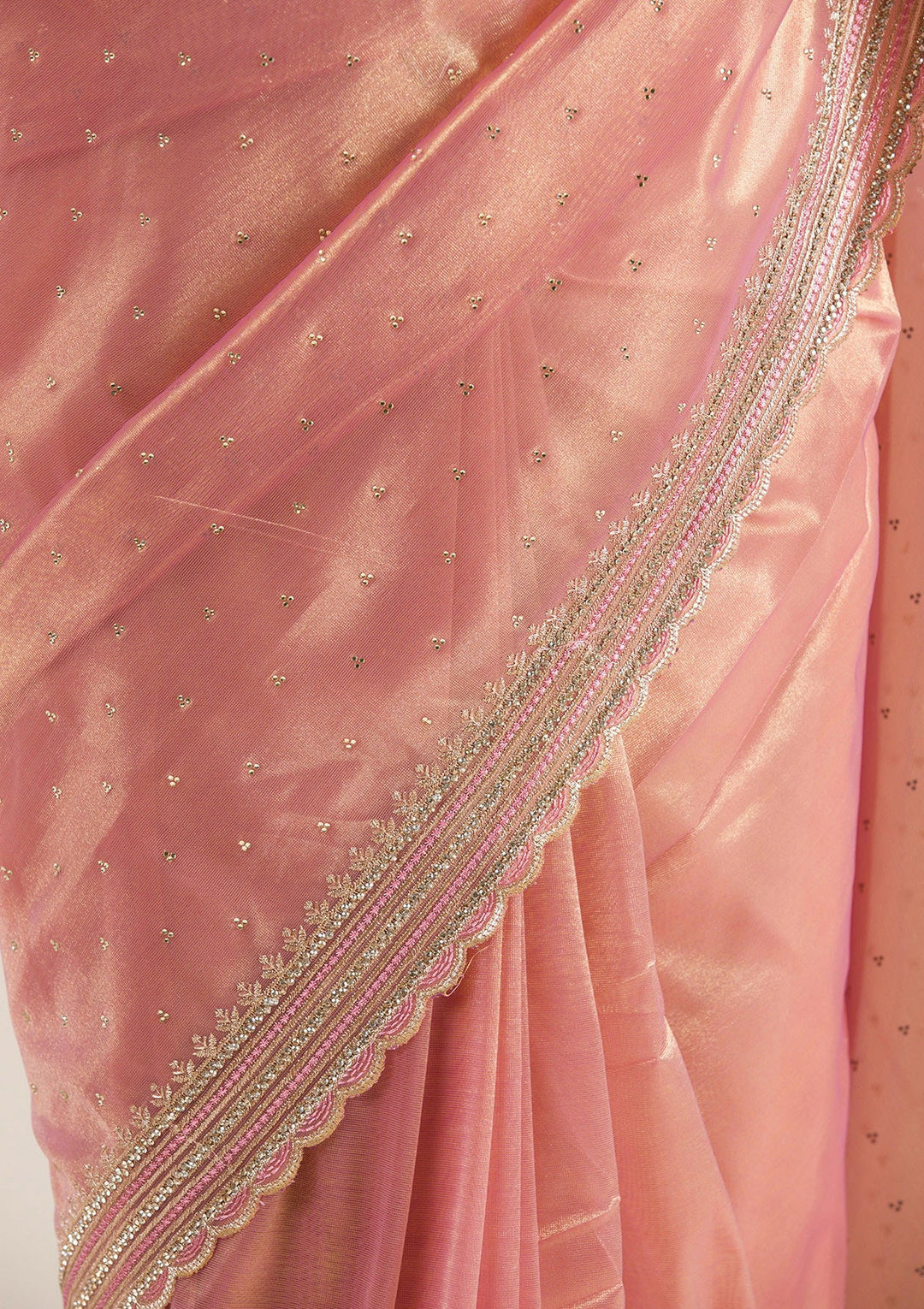 Onion Pink Zariwork Tissue Saree-Koskii