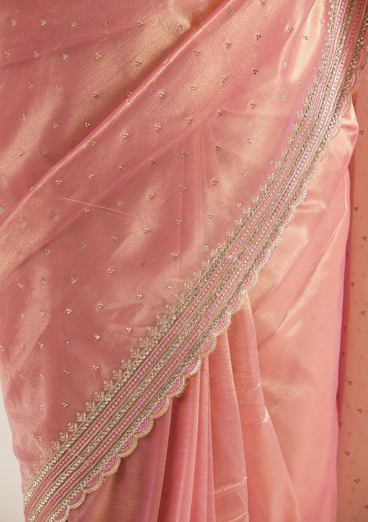 Onion Pink Zariwork Tissue Saree-Koskii