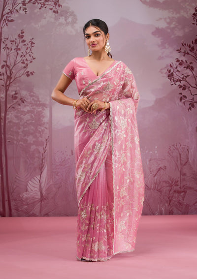 Onion Pink Zariwork Tissue Saree-Koskii