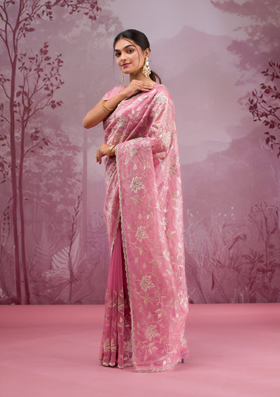 Onion Pink Zariwork Tissue Saree-Koskii