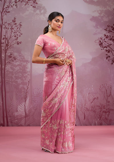 Onion Pink Zariwork Tissue Saree-Koskii