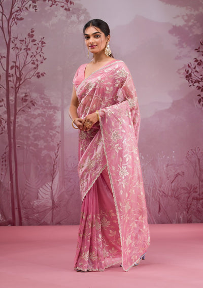 Onion Pink Zariwork Tissue Saree-Koskii