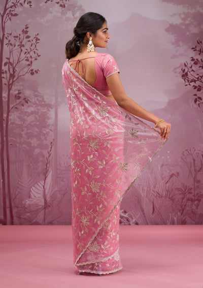 Onion Pink Zariwork Tissue Saree-Koskii