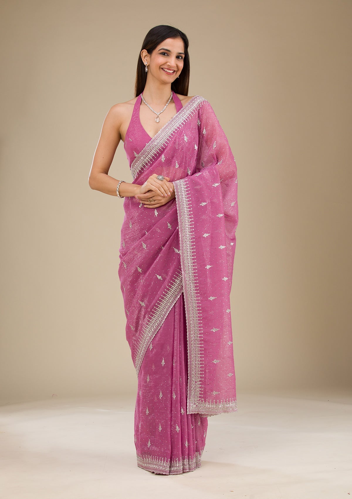 Onion Pink Zariwork Tissue Saree-Koskii