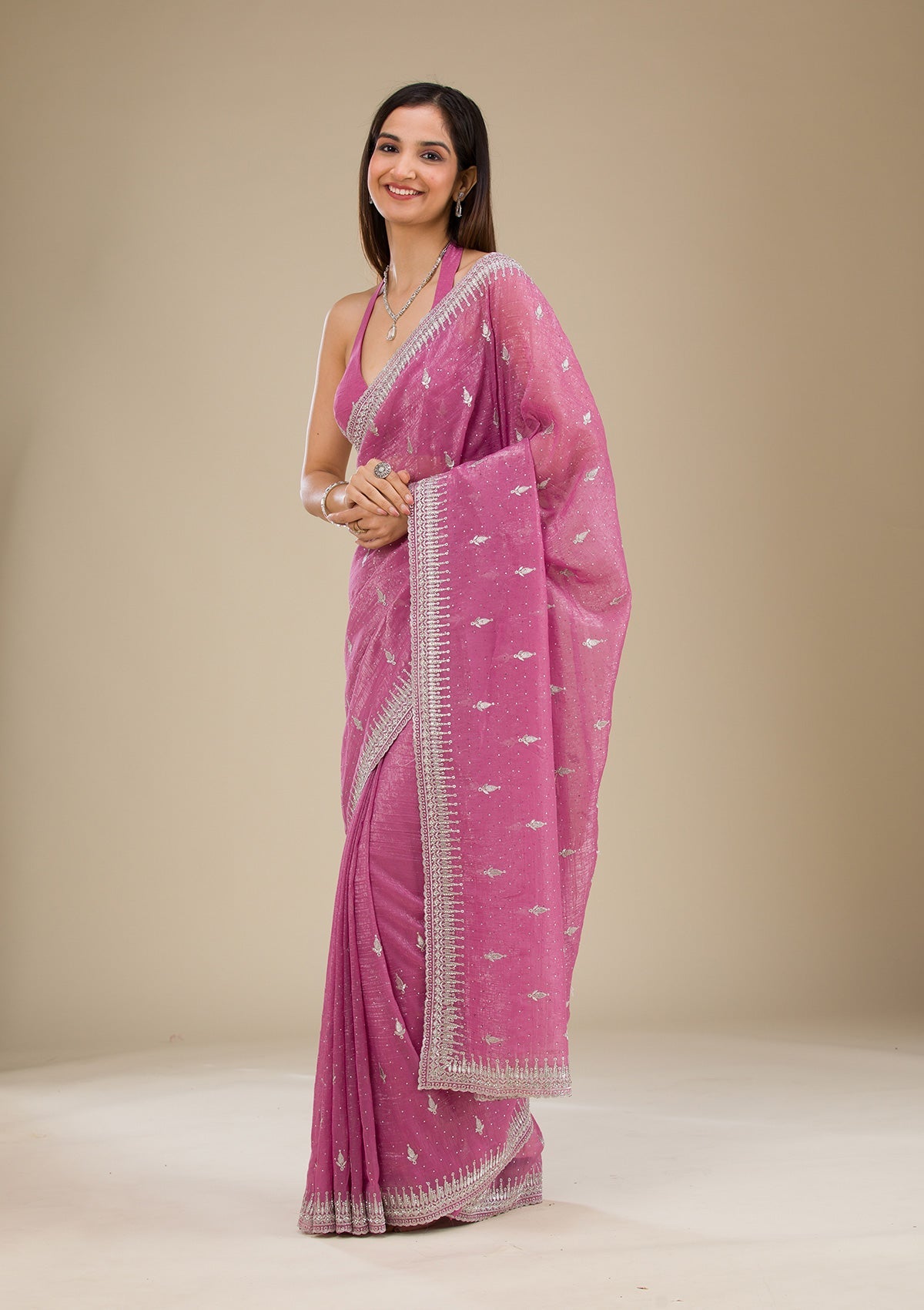 Onion Pink Zariwork Tissue Saree-Koskii