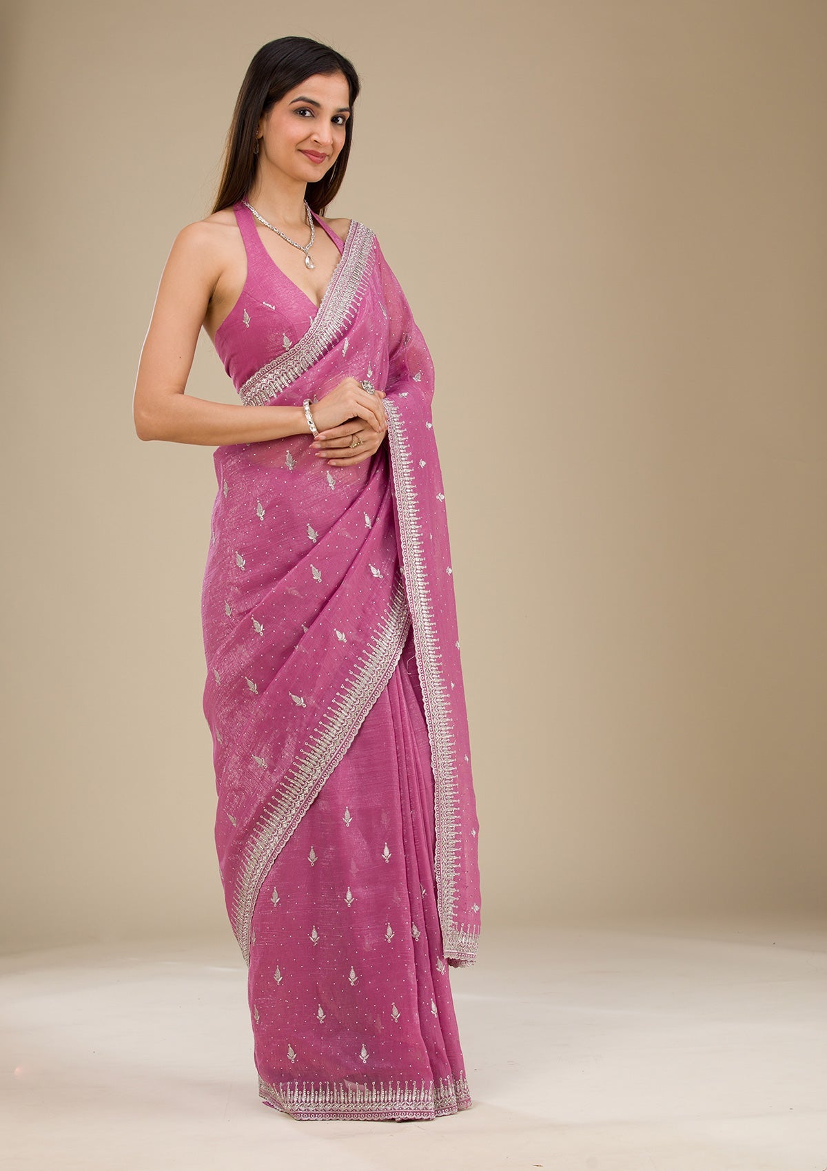 Onion Pink Zariwork Tissue Saree-Koskii