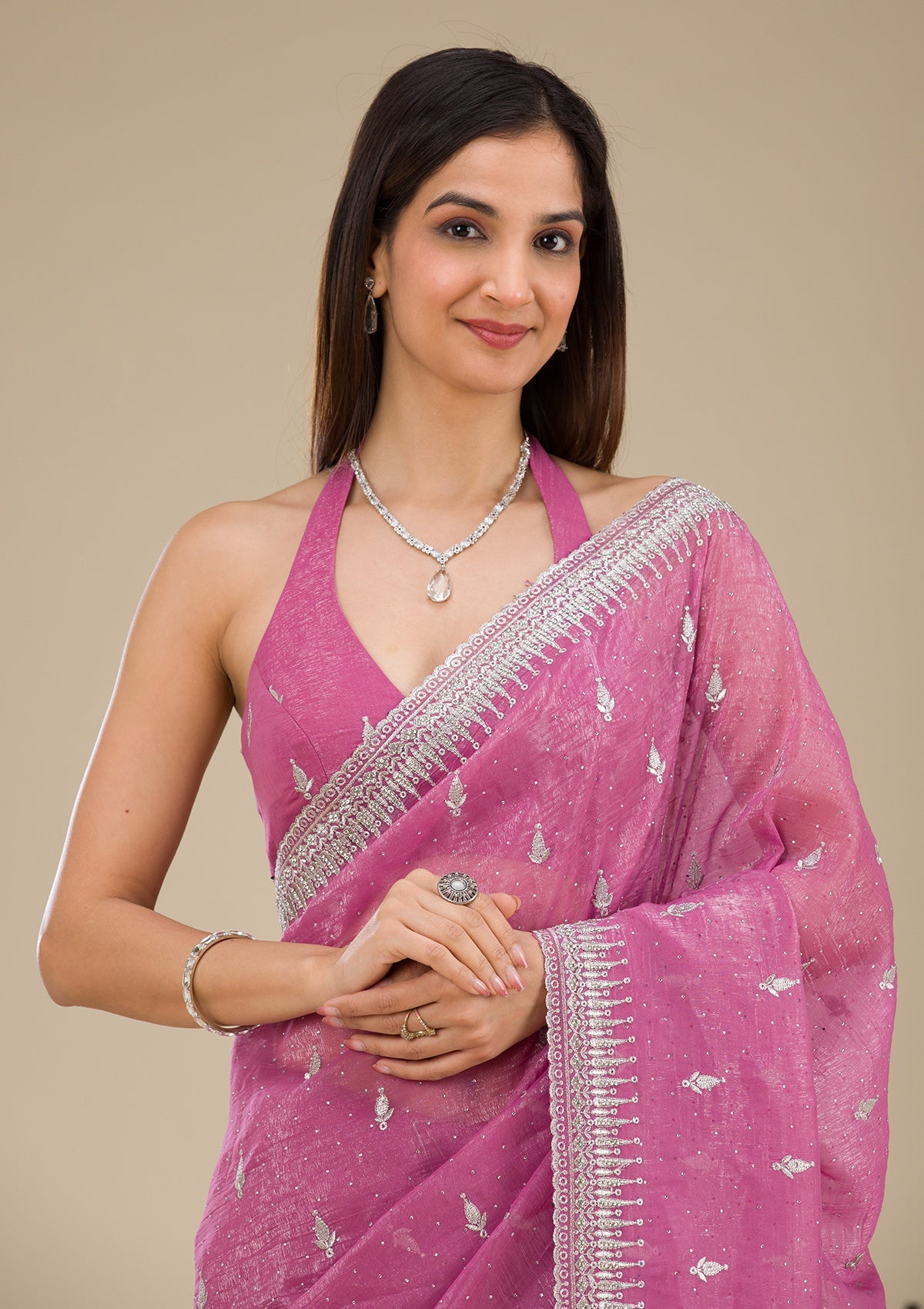 Onion Pink Zariwork Tissue Saree-Koskii