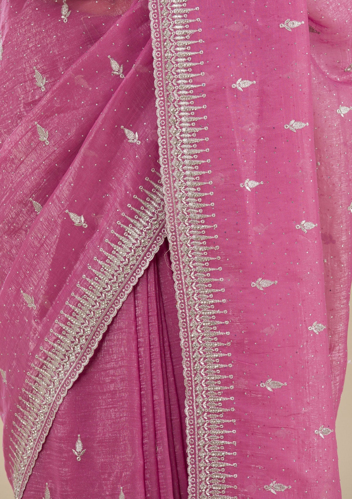 Onion Pink Zariwork Tissue Saree-Koskii