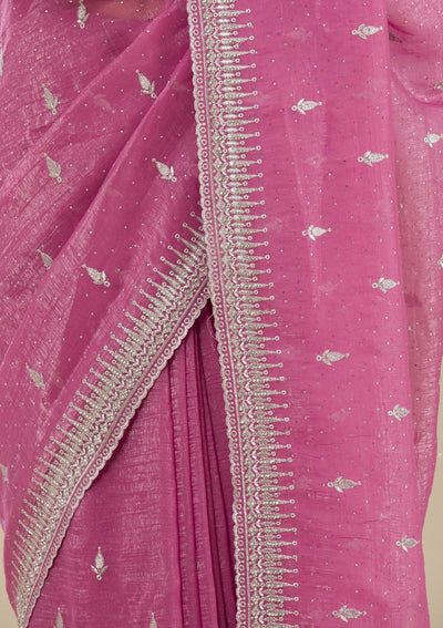 Onion Pink Zariwork Tissue Saree-Koskii