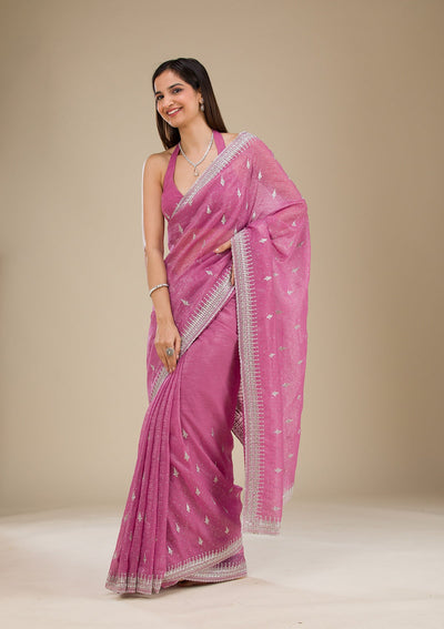 Onion Pink Zariwork Tissue Saree-Koskii