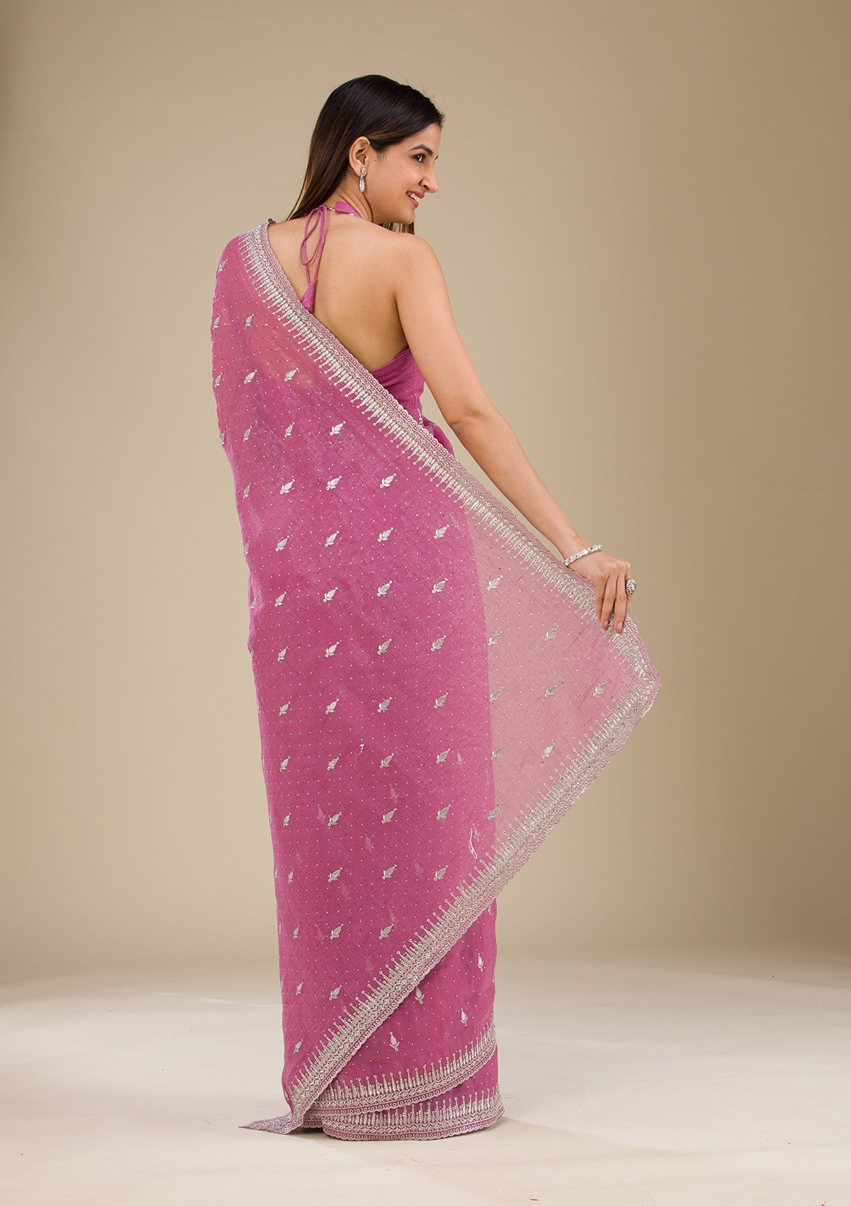 Onion Pink Zariwork Tissue Saree-Koskii