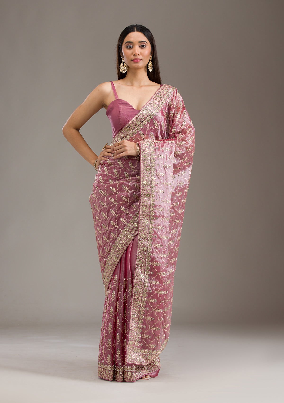 Onion Pink Zariwork Tissue Saree-Koskii