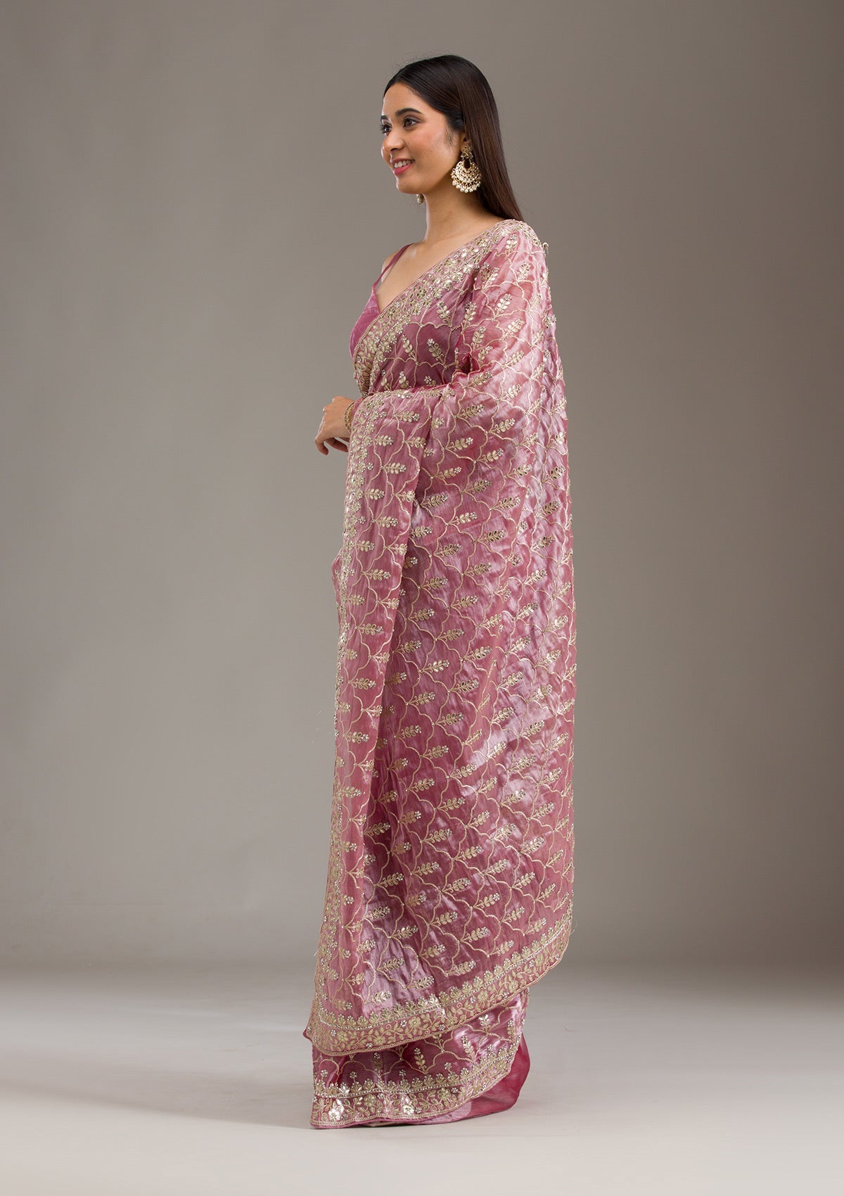 Onion Pink Zariwork Tissue Saree-Koskii