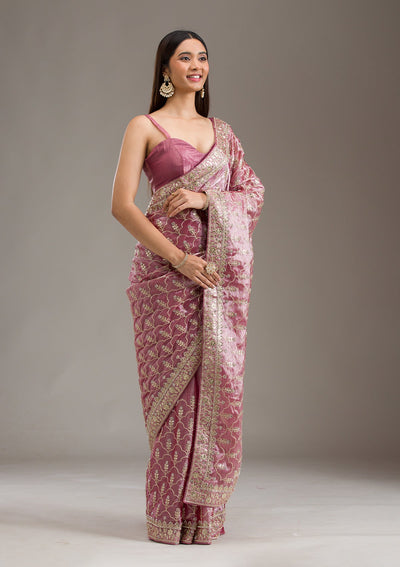 Onion Pink Zariwork Tissue Saree-Koskii