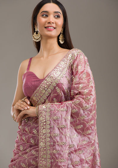 Onion Pink Zariwork Tissue Saree-Koskii