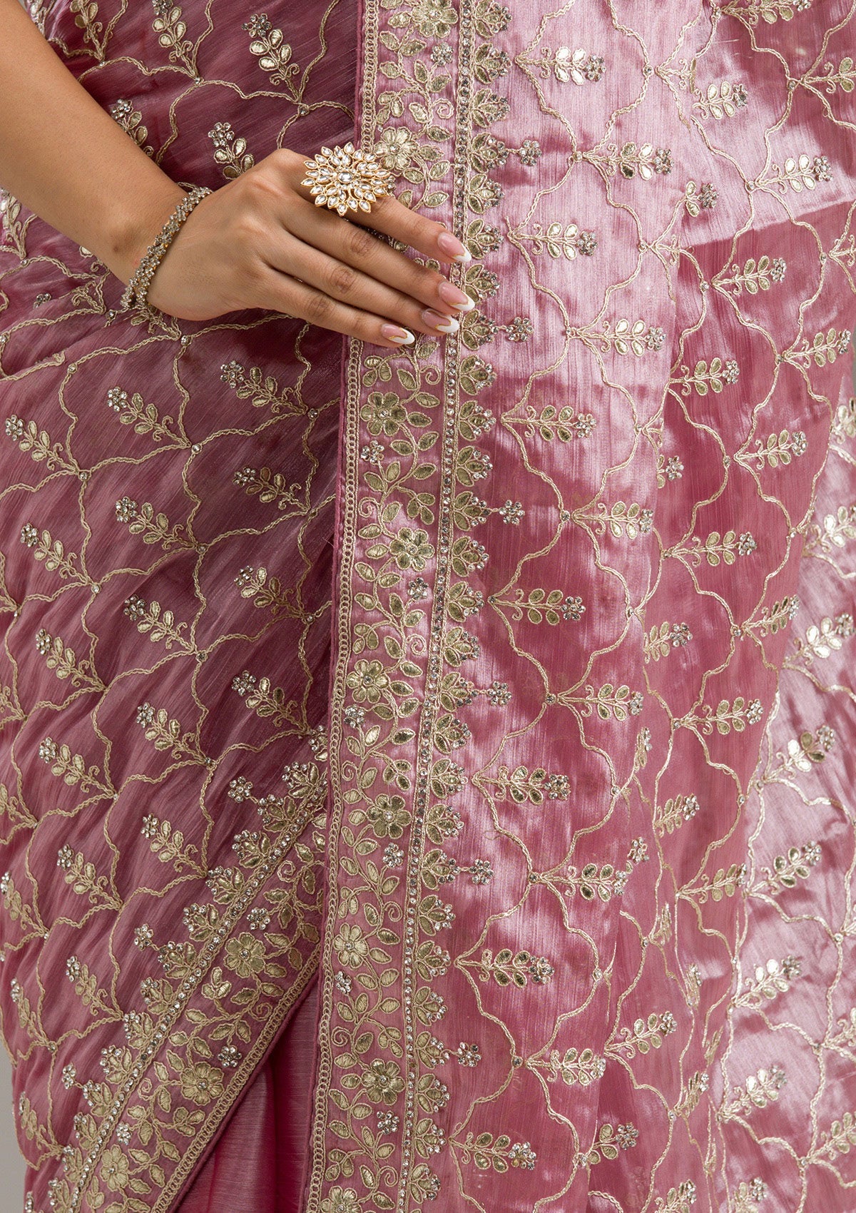 Onion Pink Zariwork Tissue Saree-Koskii