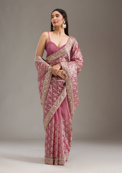 Onion Pink Zariwork Tissue Saree-Koskii