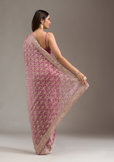 Onion Pink Zariwork Tissue Saree-Koskii