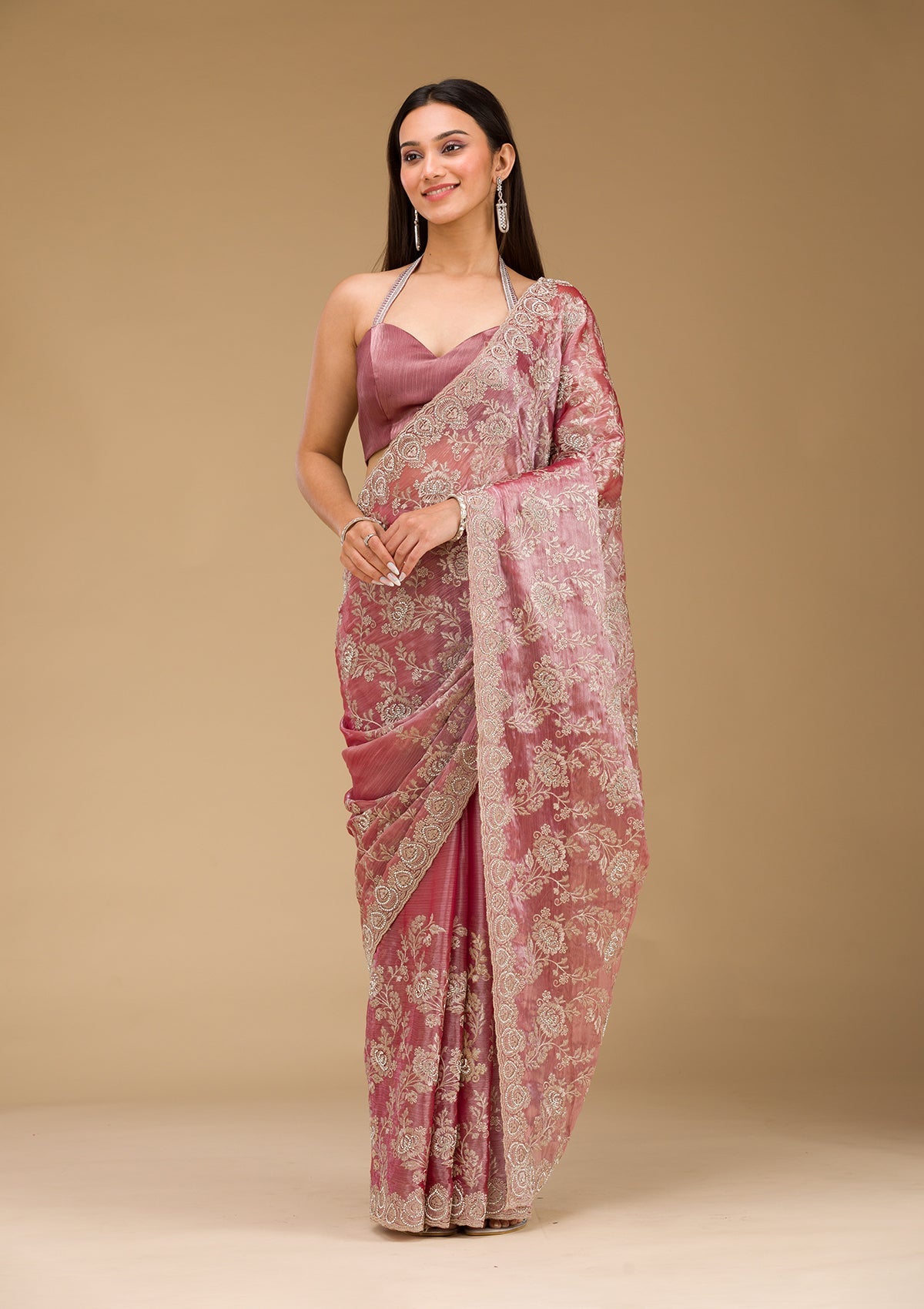 Onion Pink Zariwork Tissue Saree