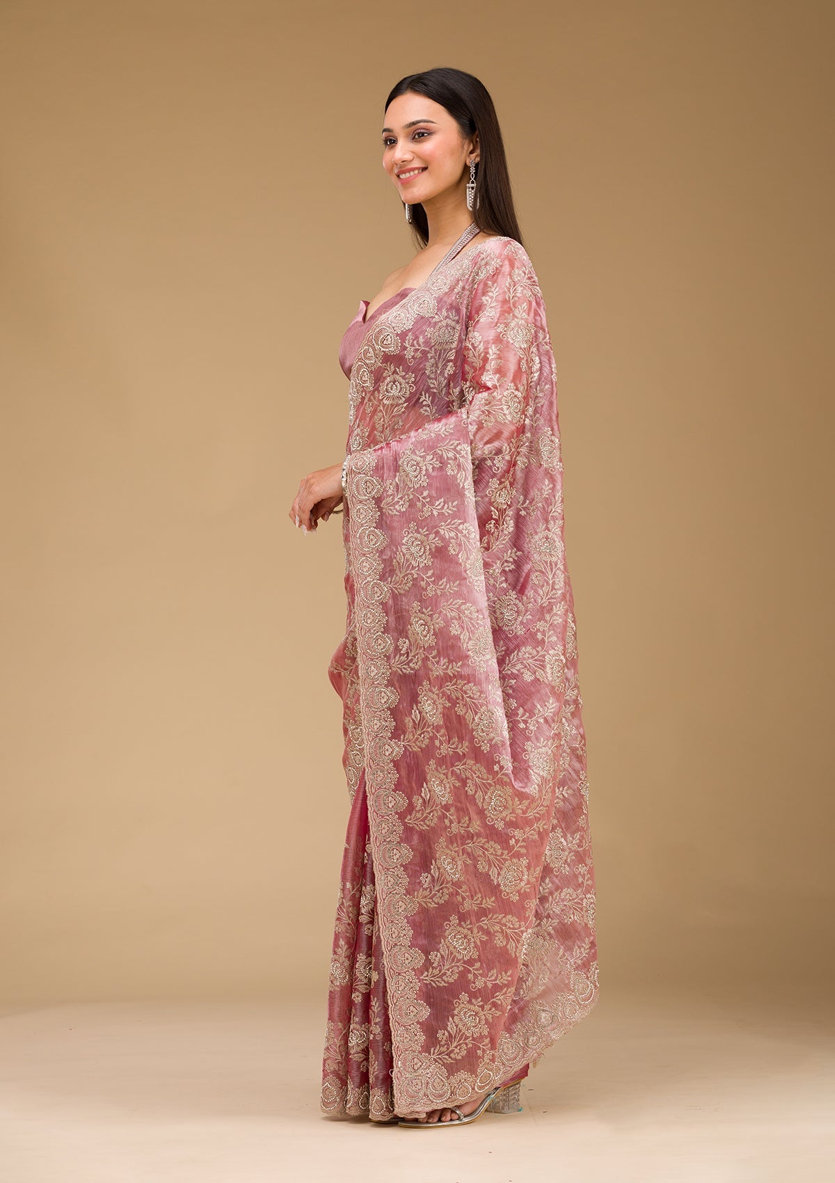 Onion Pink Zariwork Tissue Saree