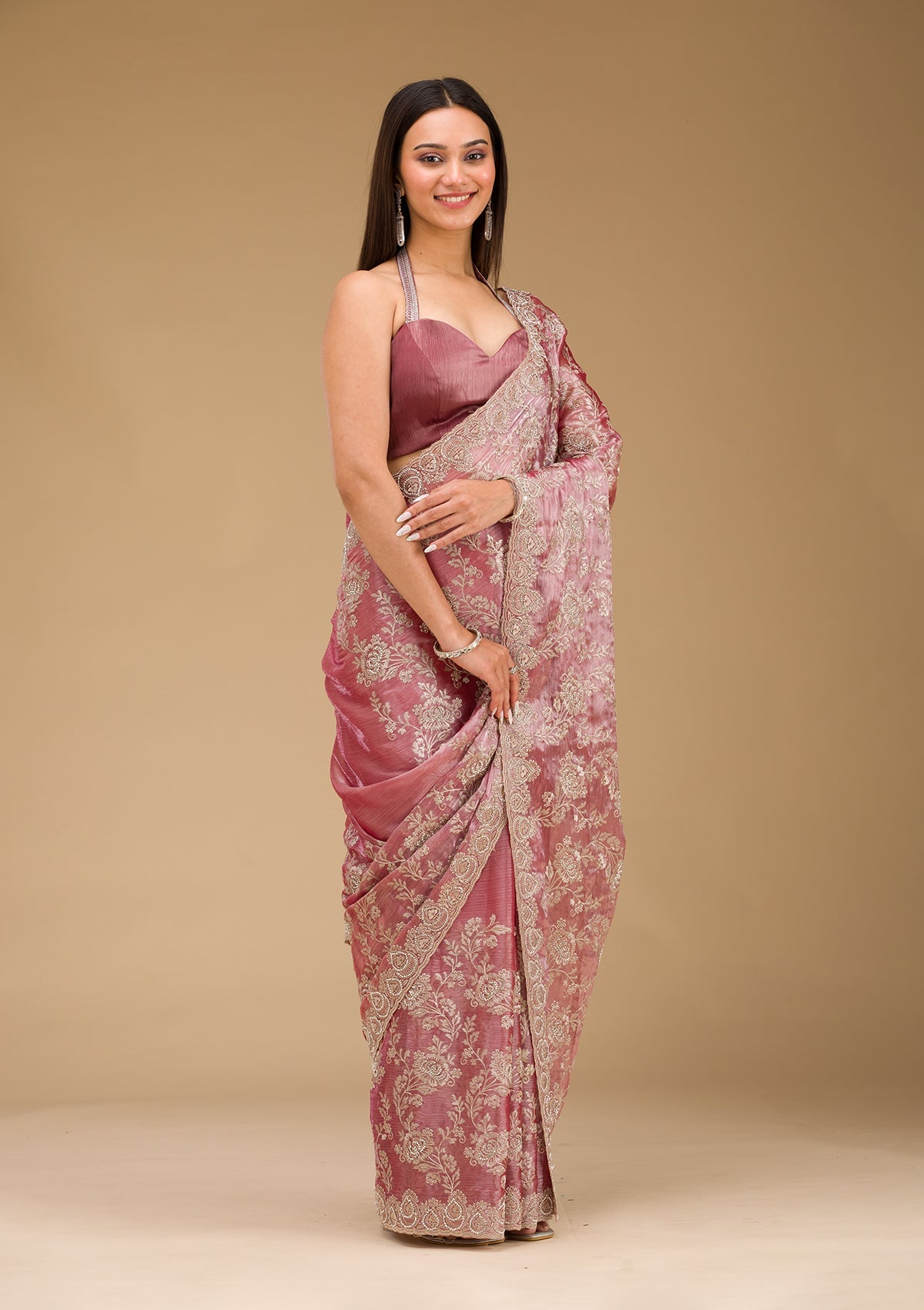 Onion Pink Zariwork Tissue Saree