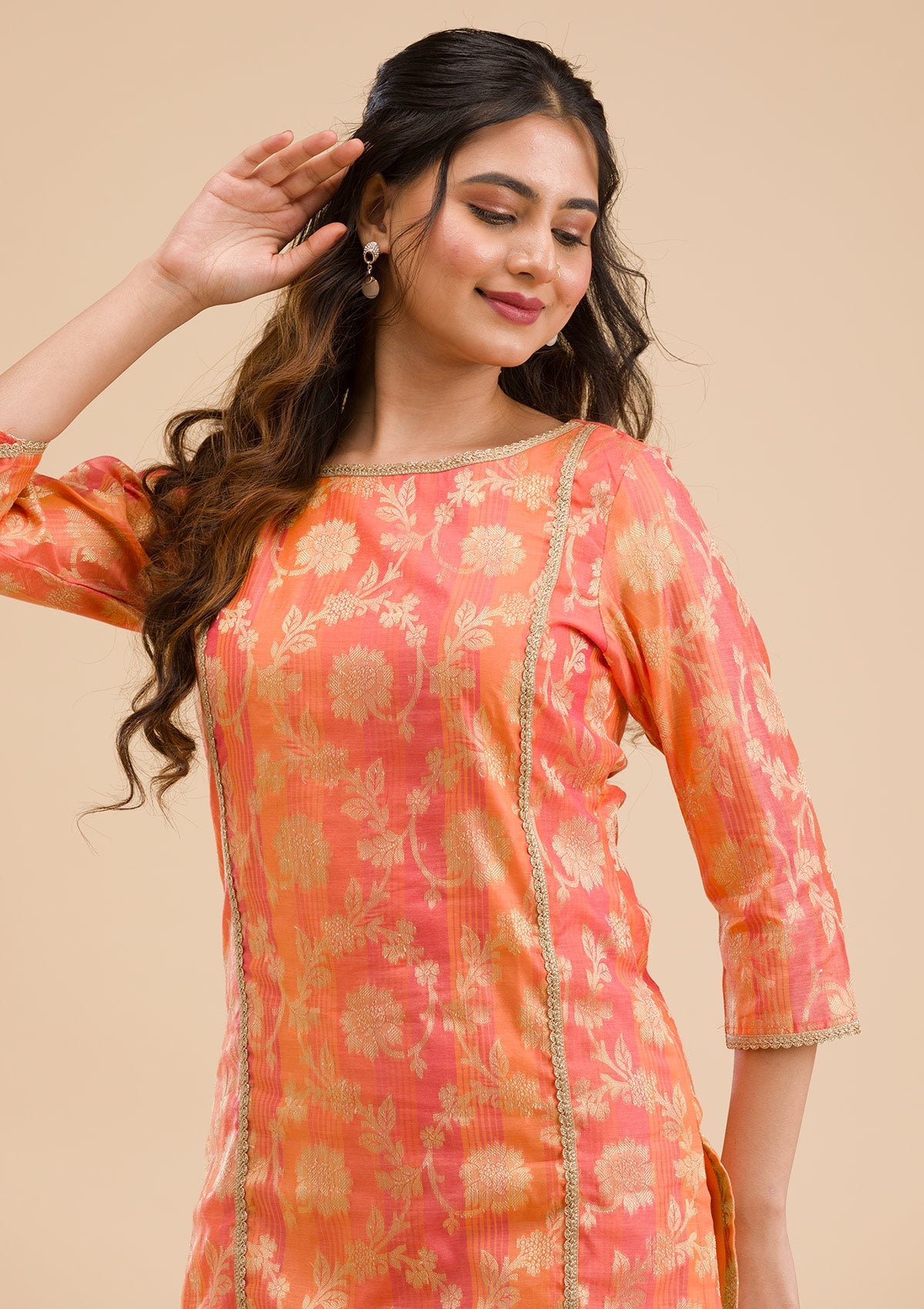 Orange Banarasi Cotton Readymade Salwar Kameez-Koskii