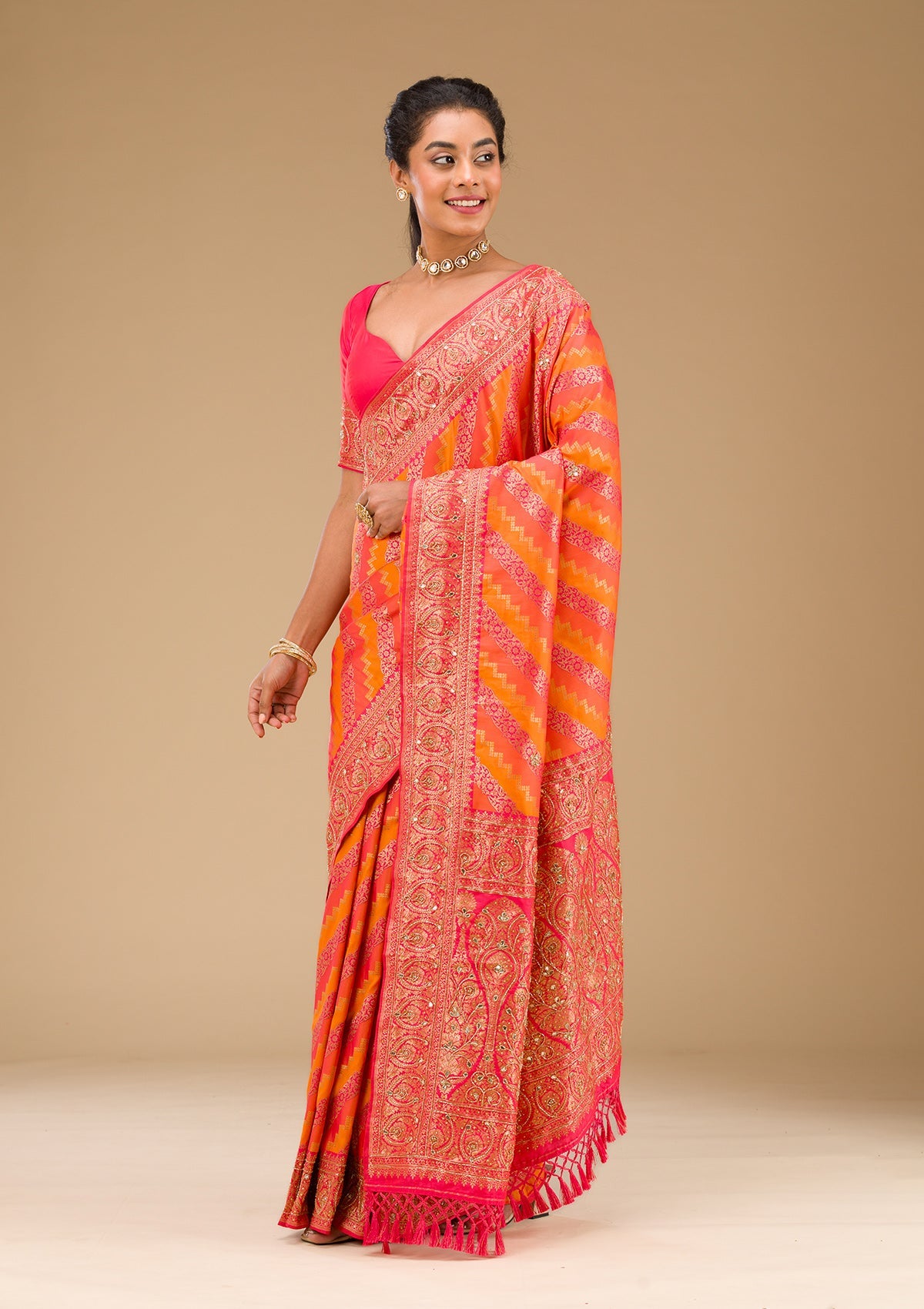 Orange Cutdana Art Silk Saree-Koskii