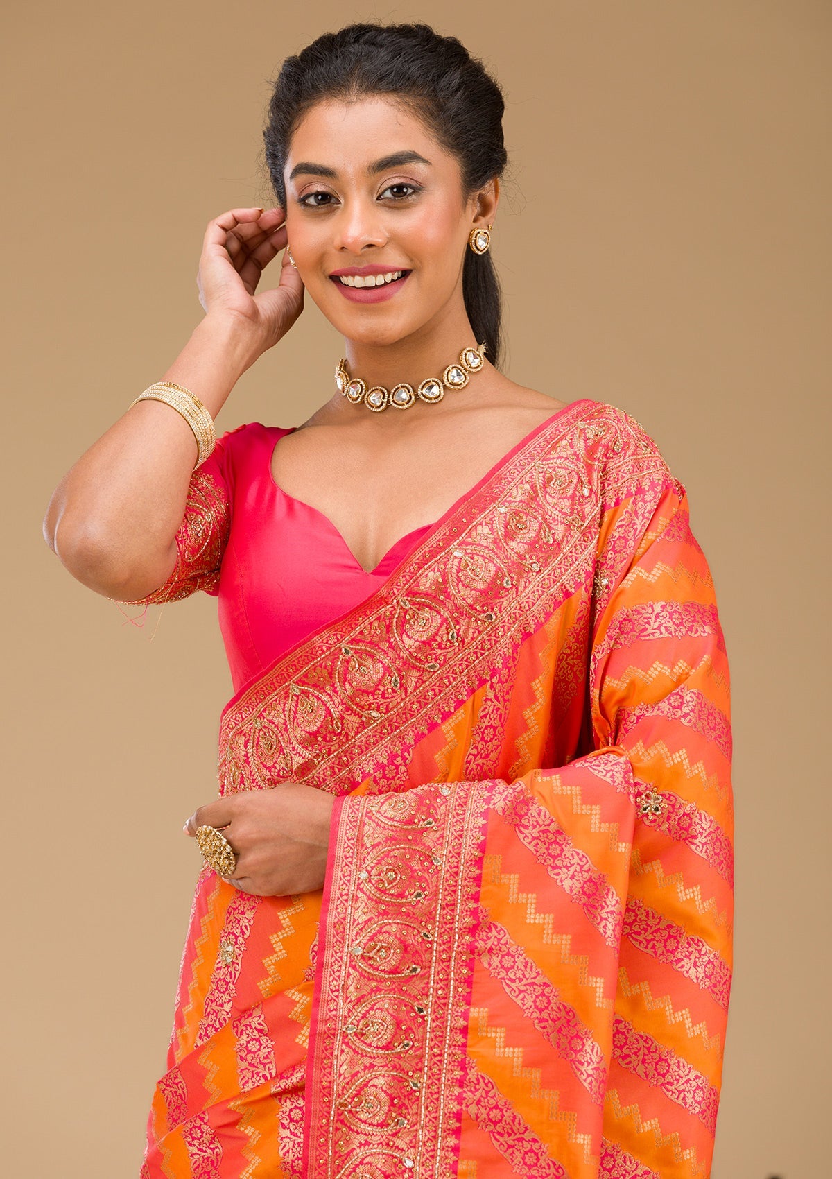 Orange Cutdana Art Silk Saree-Koskii