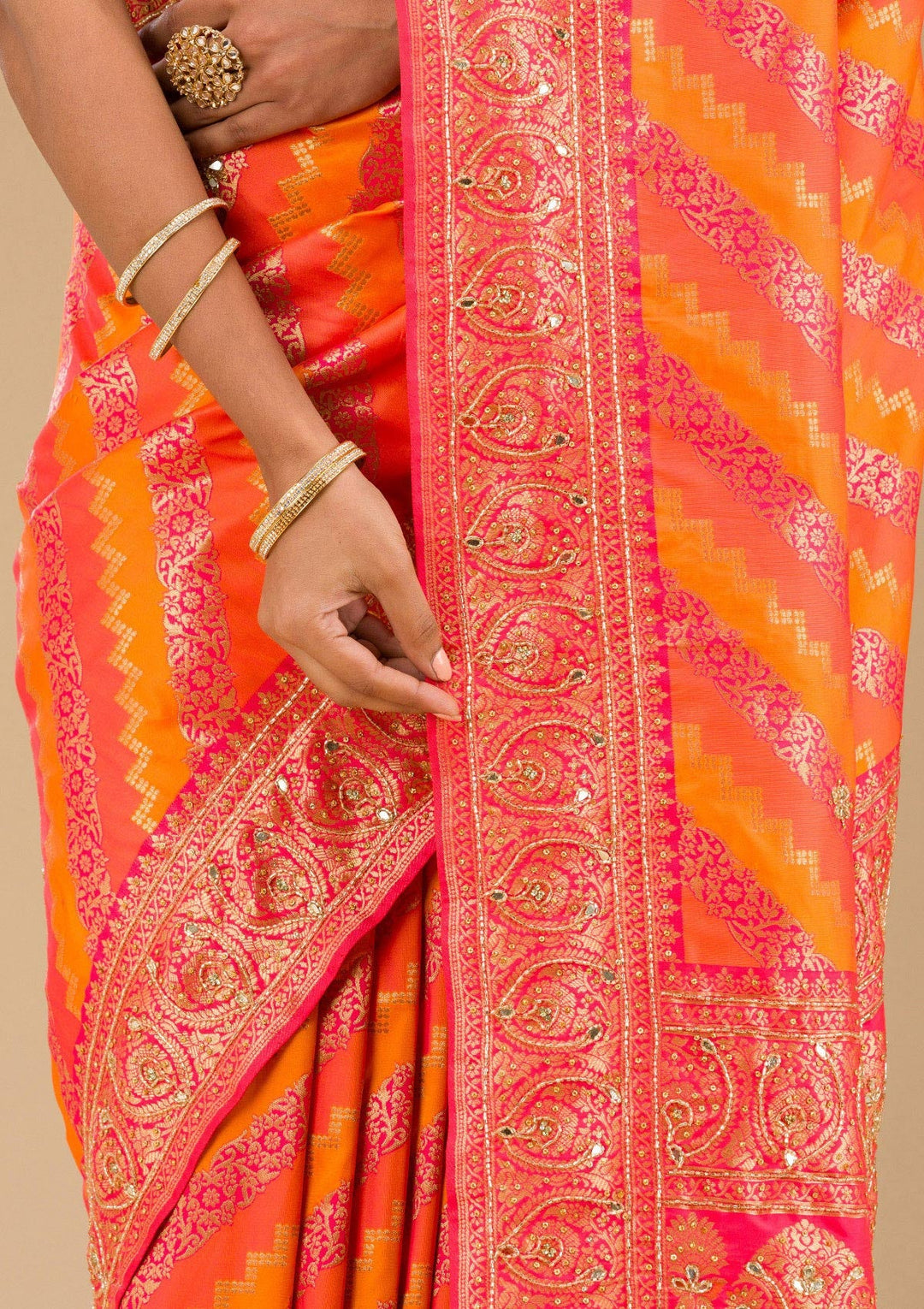 Orange Cutdana Art Silk Saree-Koskii