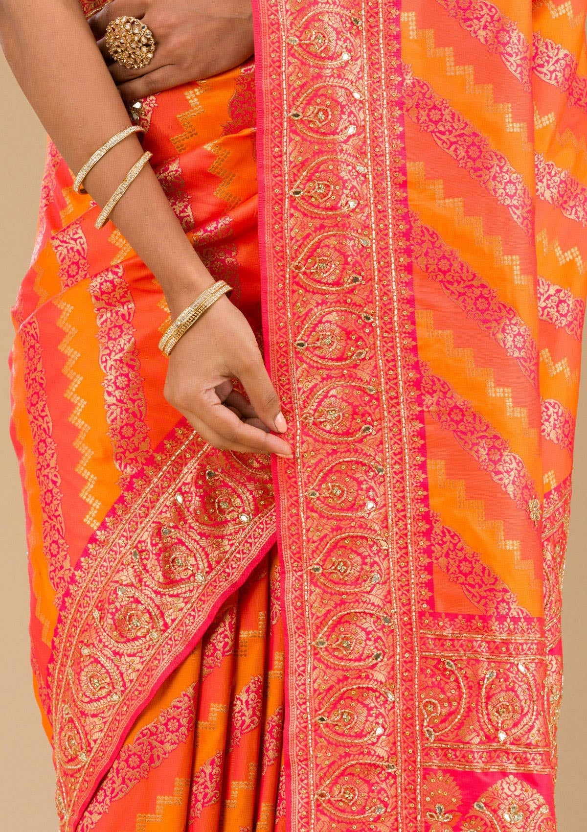 Orange Cutdana Art Silk Saree-Koskii