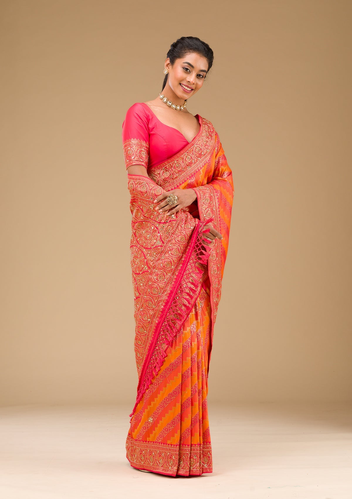 Orange Cutdana Art Silk Saree-Koskii