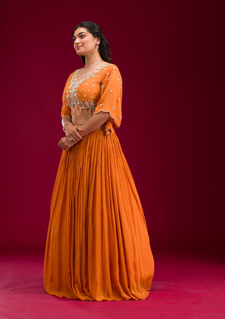 Orange Cutdana Georgette Readymade Lehenga