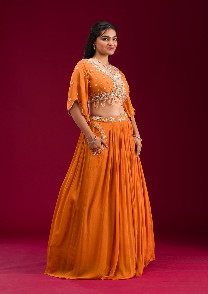 Orange Cutdana Georgette Readymade Lehenga