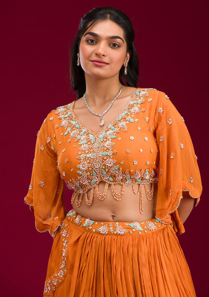 Orange Cutdana Georgette Readymade Lehenga