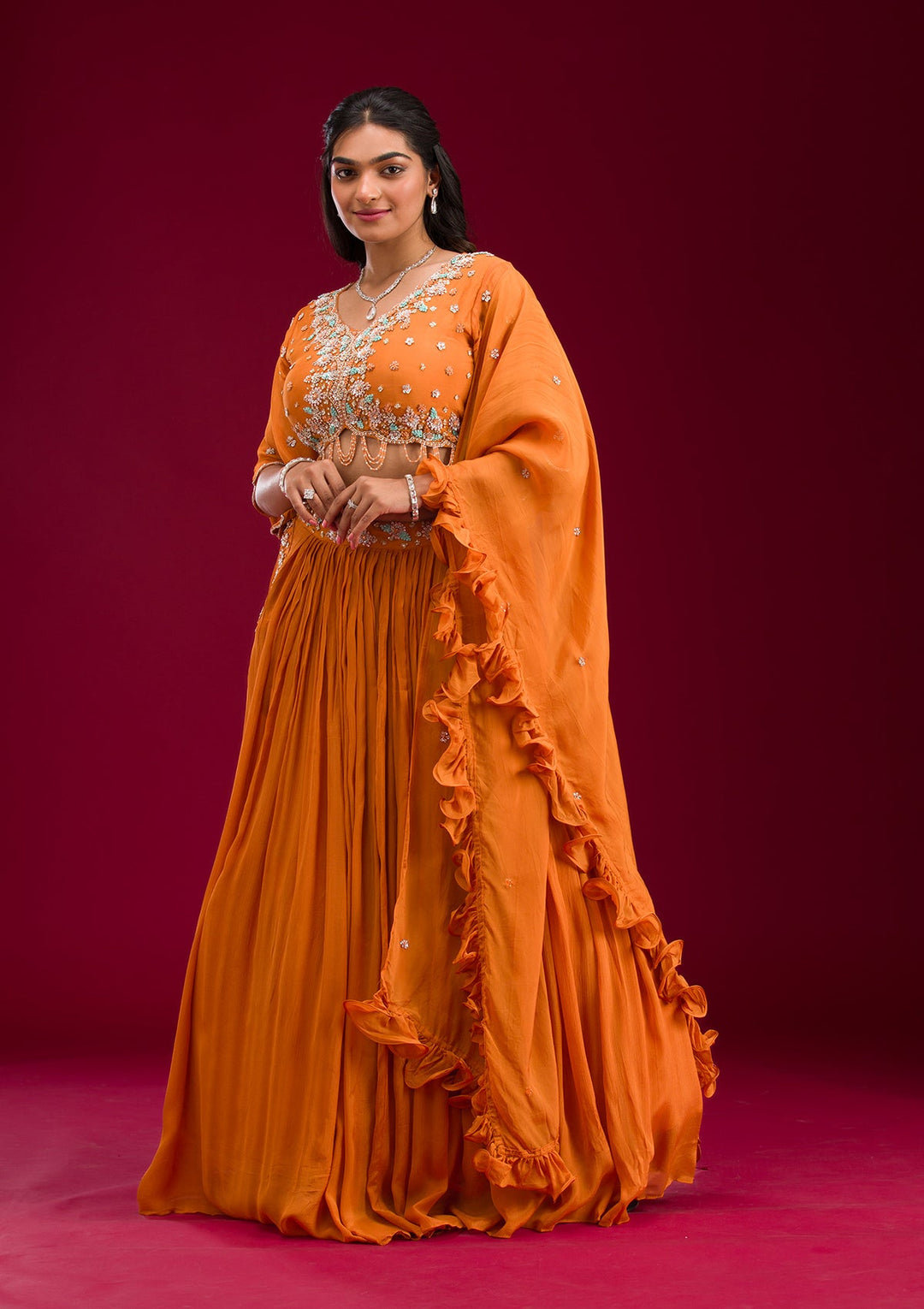 Orange Cutdana Georgette Readymade Lehenga-Koskii
