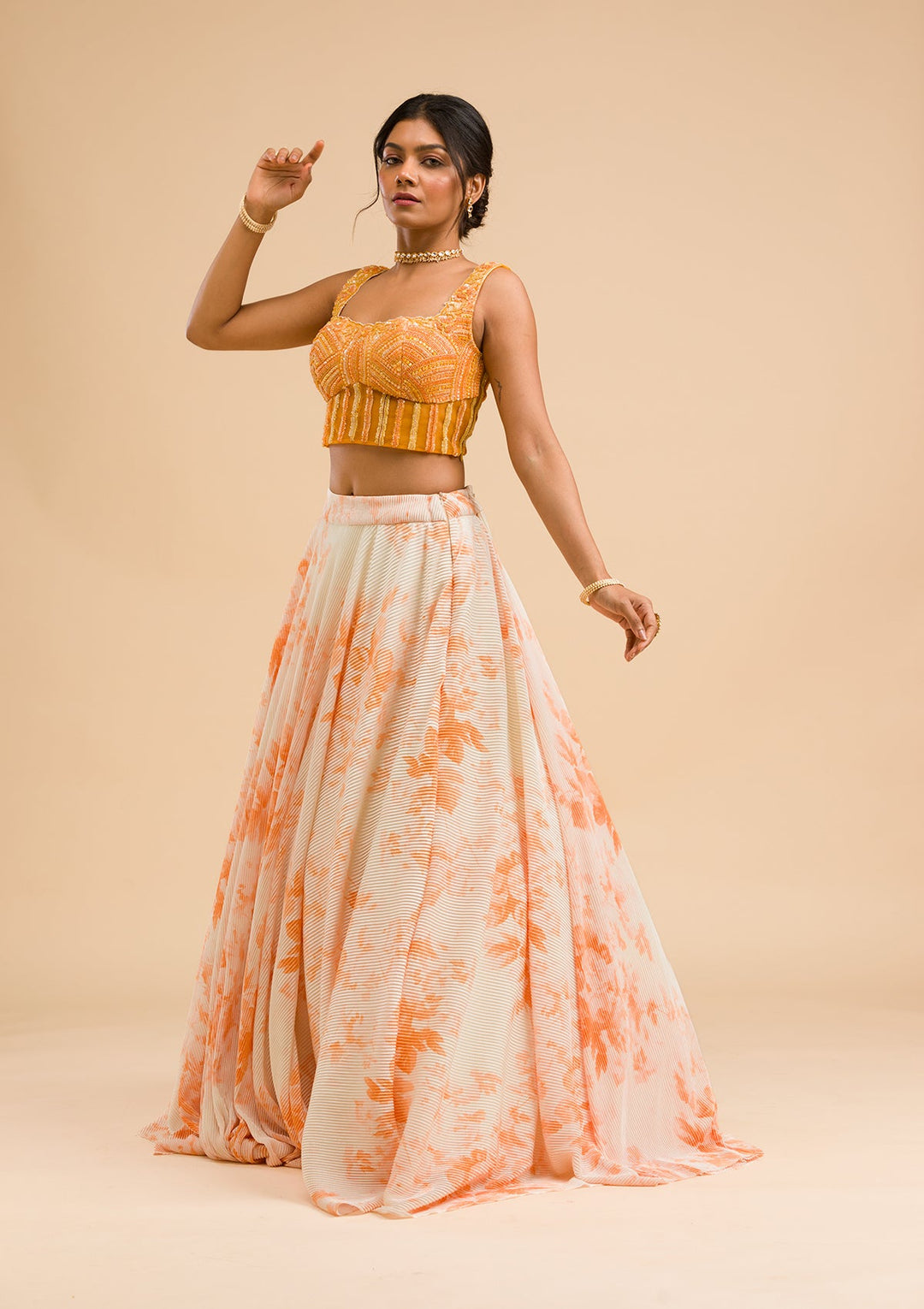 Orange Cutdana Lycra Readymade Lehenga-Koskii