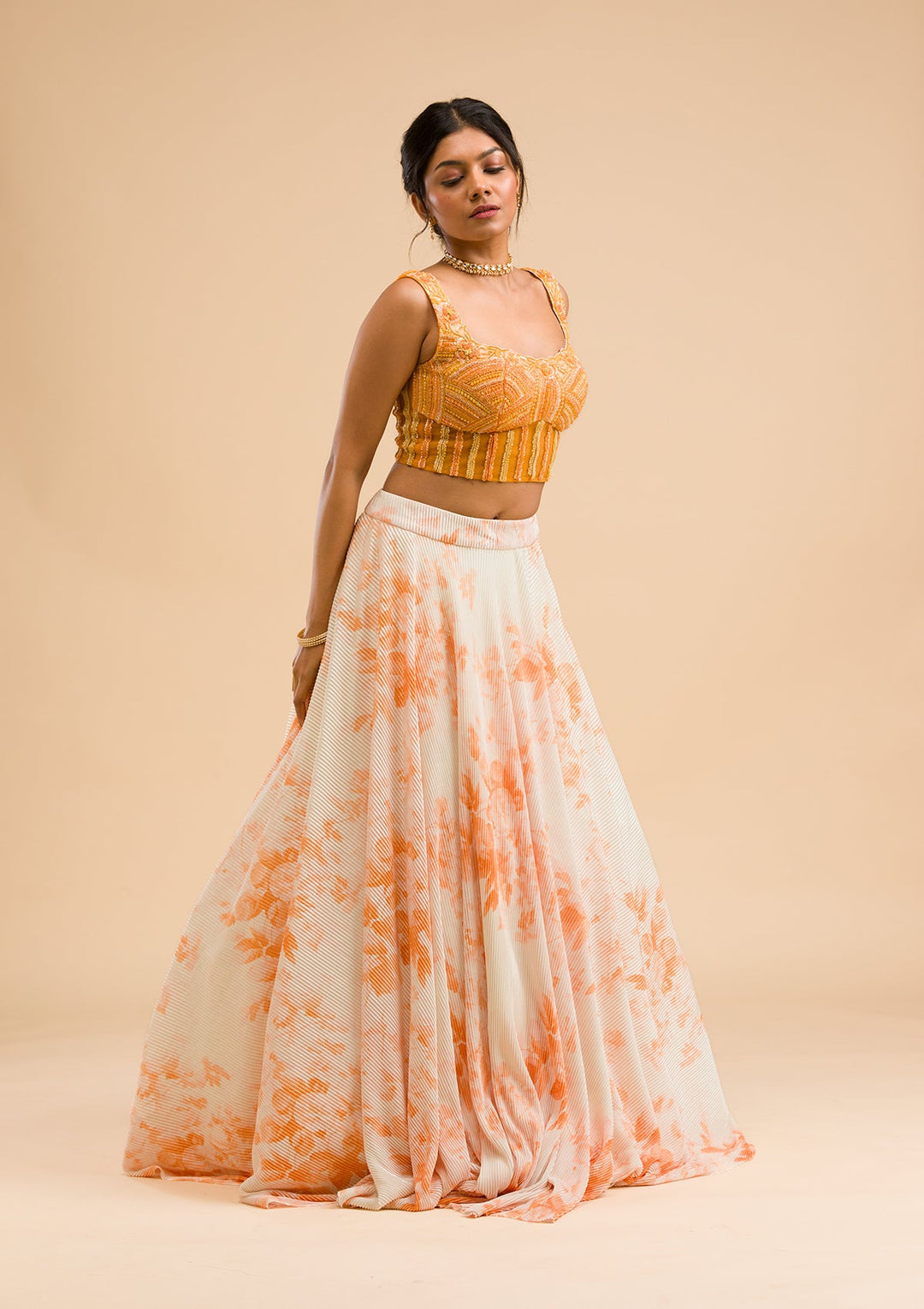 Orange Cutdana Lycra Readymade Lehenga-Koskii