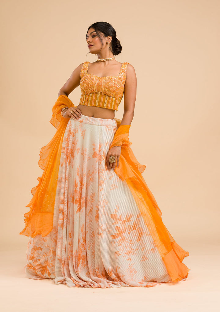 Orange Cutdana Lycra Readymade Lehenga-Koskii