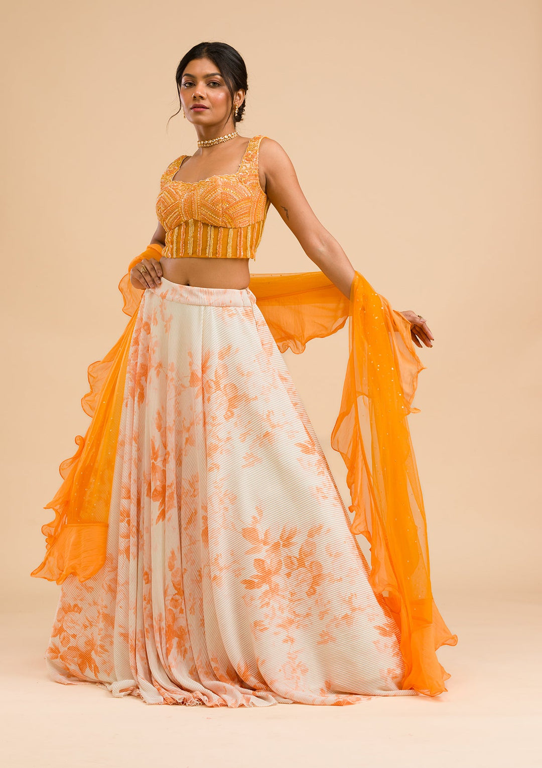 Orange Cutdana Lycra Readymade Lehenga-Koskii