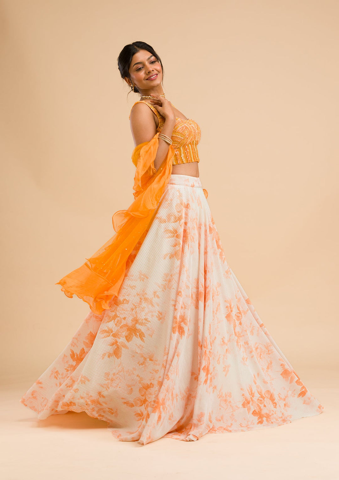 Orange Cutdana Lycra Readymade Lehenga-Koskii