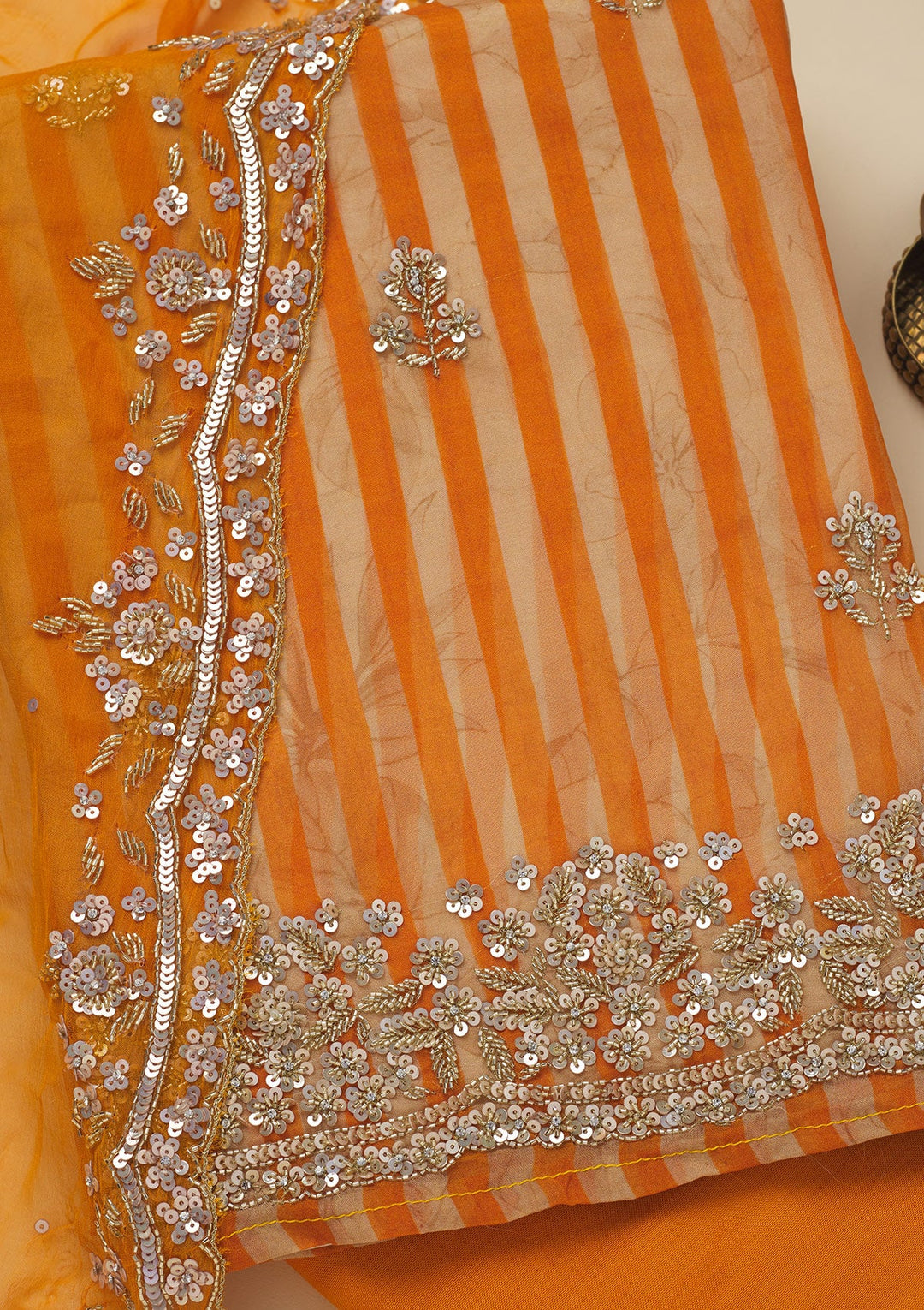 Orange Cutdana Semi Crepe Unstitched Salwar Suit-Koskii