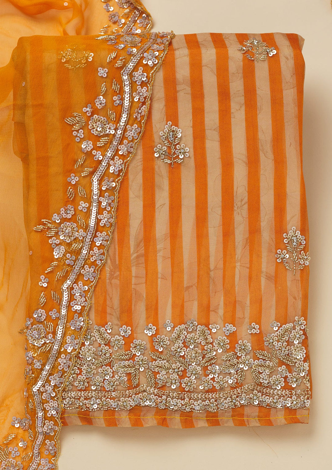 Orange Cutdana Semi Crepe Unstitched Salwar Suit-Koskii