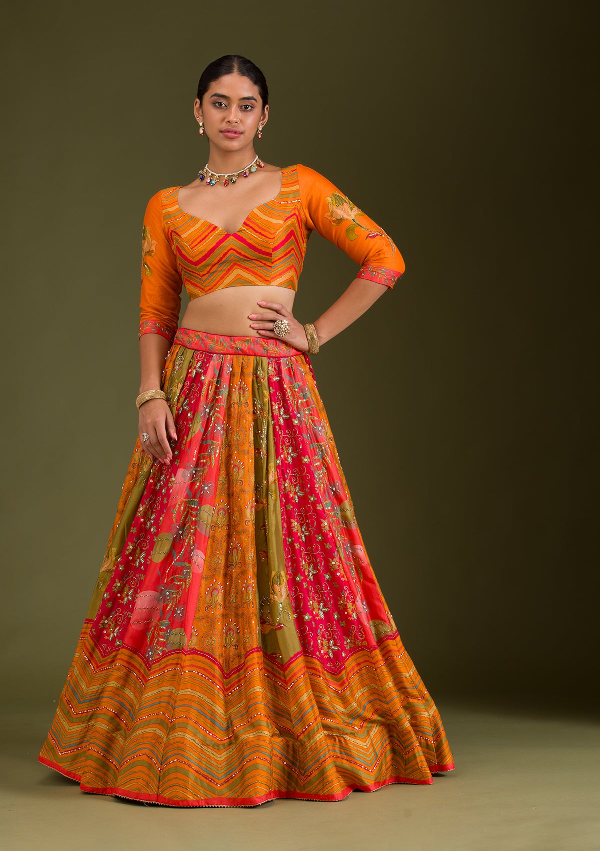 Orange Cutdana Silk Readymade Lehenga